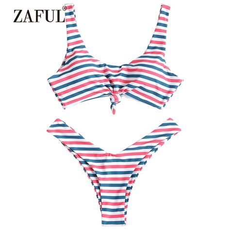 Zaful Bikini Striped Swimwear Women High Cut Swimsuit Sexy Low Waisted Scoop Neck Padded