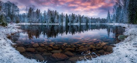 Wallpaper 2048x959 Px Cold Finland Forest Lake Landscape Morning Nature Reflection