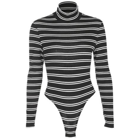 Women Sexy Black White Stripe Slim Bodysuits 2018 Winter Turtleneck