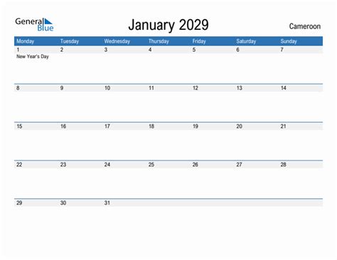 Editable January 2029 Calendar With Cameroon Holidays