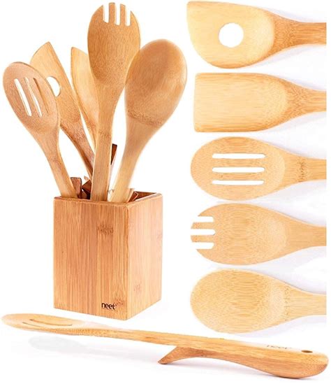 Organic Bamboo Cooking Utensils Set Unique Elevation Feature 6 Piece Set Wooden