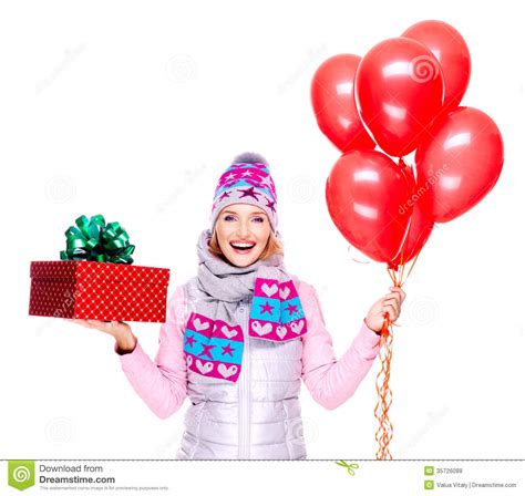 The best gifs of gift box on the gifer website. Fun Happy Adult Woman With Red Gift Box And Balloons Stock ...