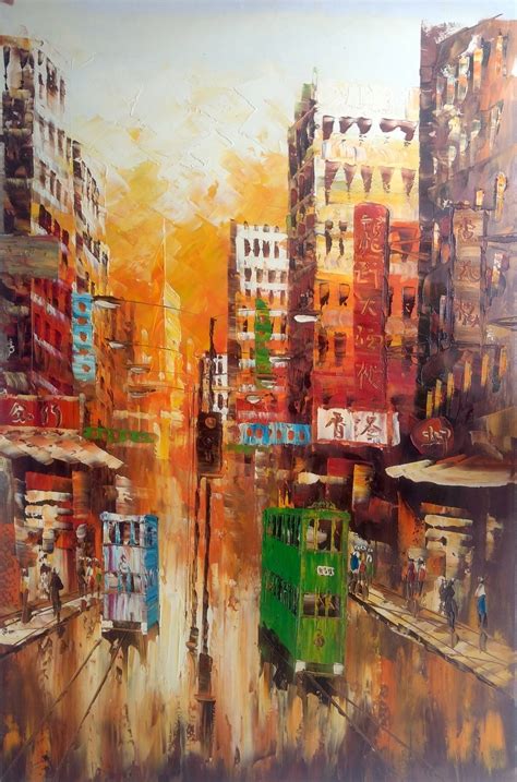 Buy Rainy day in Central Hong Kong Handmade Painting by ...