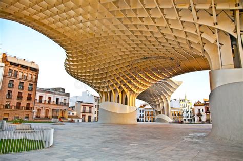 Spanien Sevilla Nattsikt Av Den Metropol Slags Solskydd I Plazaen