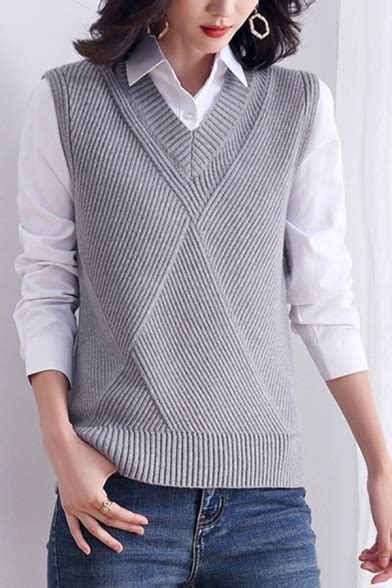fancy women s sweater vest solid color ribbed knit v neck sleeveless regular fitted sweater vest