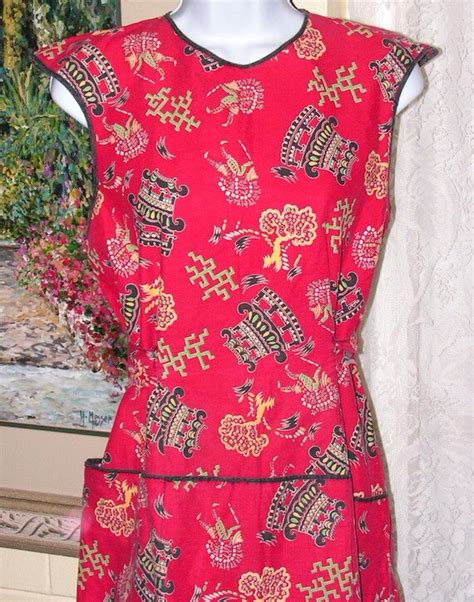 Vintage Tunic Apron Red Oriental Pattern Pockets Sash Fifties