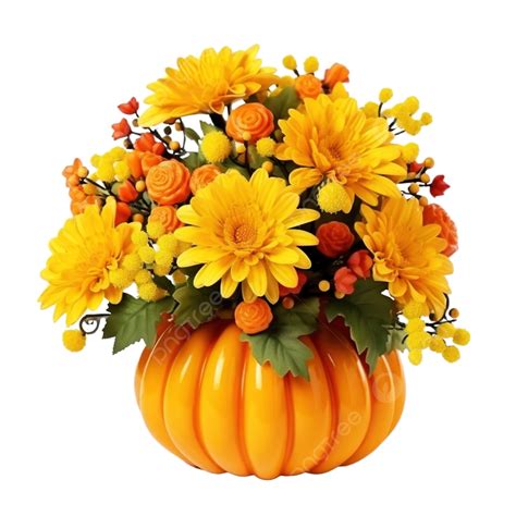 Bouquet Of Autumn Yellow Flowers In A Pumpkin Halloween Autumn