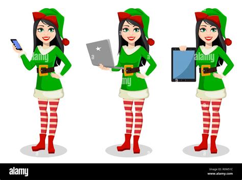merry christmas and happy new year beautiful woman in costume of elf set of three poses lady