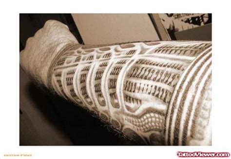 Mind Blowing Grey Ink Biomechanical Tattoo On Leg