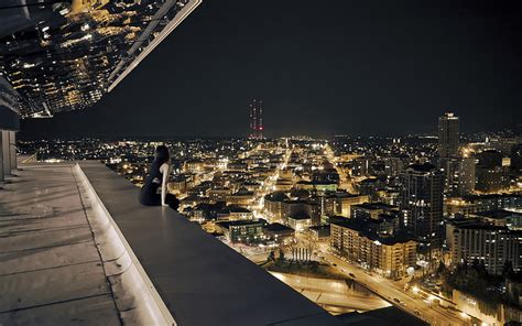 Hd Wallpaper Night Rooftops Balcony Lights Sitting City Women
