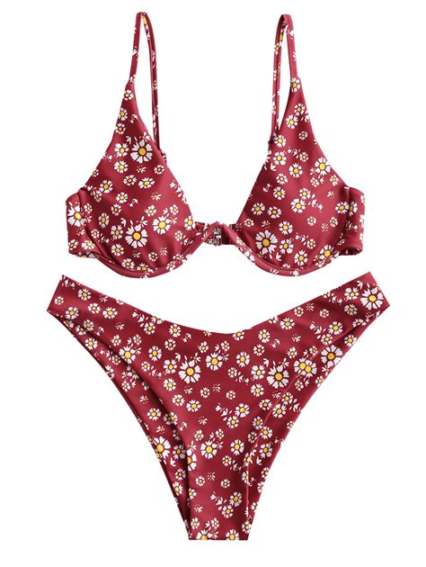 zaful daisy print underwire high leg bikini swimsuit red wine high leg bikini bikini types