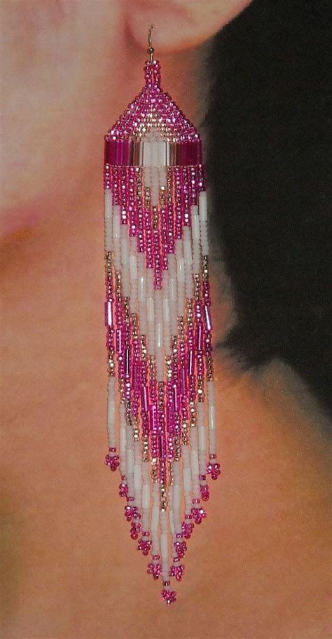Native American Beaded Earrings Hot Pink White Seed Beads White
