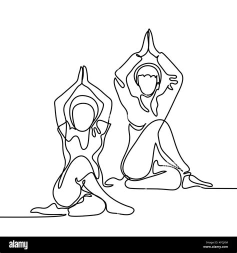 Continuous Line Drawing Two Women Doing Exercise In Yoga Pose Vector