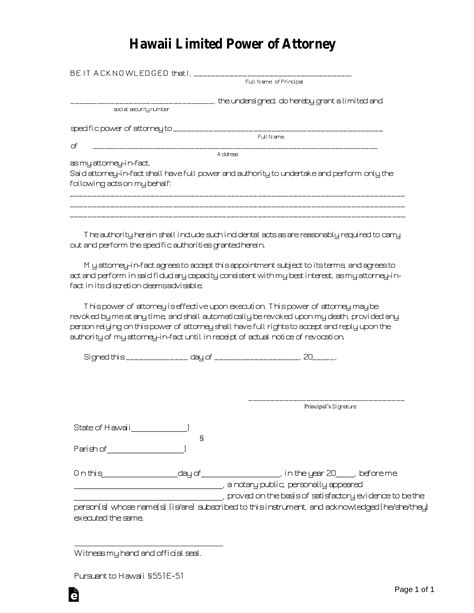 Free Hawaii Limited Power Of Attorney Form Pdf Word Eforms