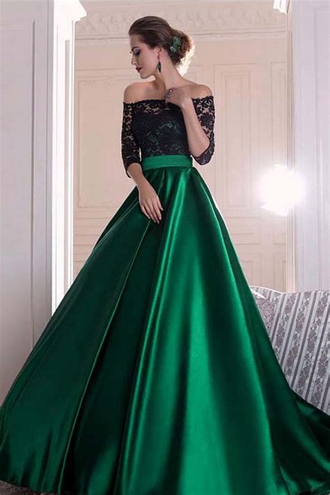 a line dark green satin off the shoulder 3 4 sleeves ruffles lace prom dresses uk pw399 on sale
