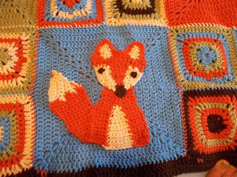 Crocheted Fox Applique Woodland Blanket Baby Blanket Crochet Fox