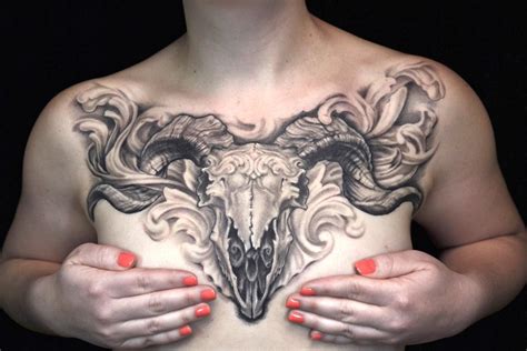 Traditionally, skulls are used as a symbol of death and decay, and these are typically the thoughts that are evoked when we see a skull tattoo on a person's body. REALISTIC FILIGREE RAMSKULL CHEST-PIECE TATTOO by ...