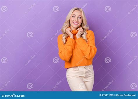 Portrait Of Gorgeous Cheerful Person Hands Touch Collar Look Empty