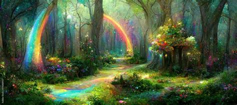 ภาพประกอบสต็อก Fantasy Forest With Rainbow Fantasy Scenery ภาพ