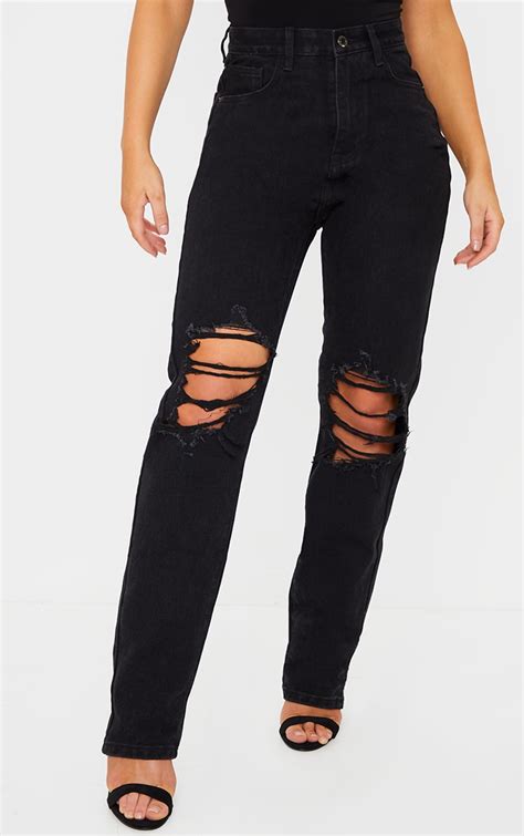 Washed Black Ripped Knee Long Leg Straight Jeans Prettylittlething