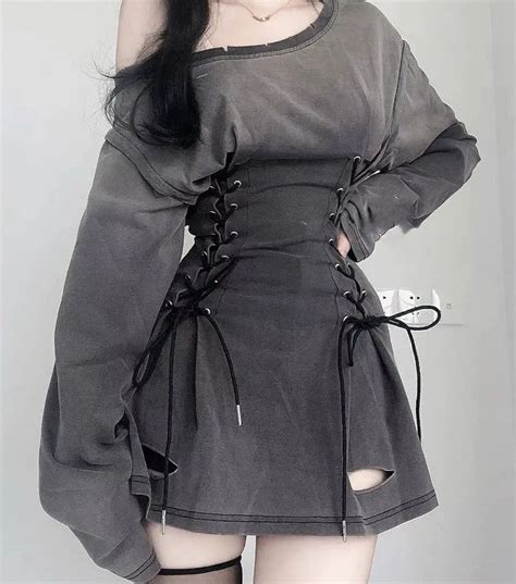 Fadeaway Ash Grey Grunge Lace Up Pullover Dress L Grey Korean