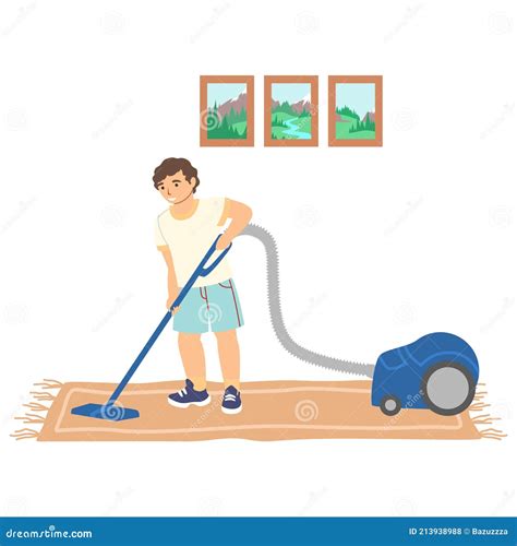 Boy Cleaning The Room With Vacuum Cleaner Flat Vector Illustration