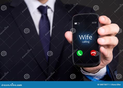 Male Hand Holding Smart Phone With Incoming Call From Wife Stock Image Image Of Answer