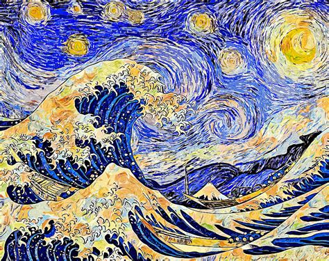Starry Night Over The Great Wave Off Kanagawa Colorful Digital