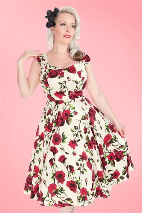 50s Ditsy Roses Swing Dress In Ivory