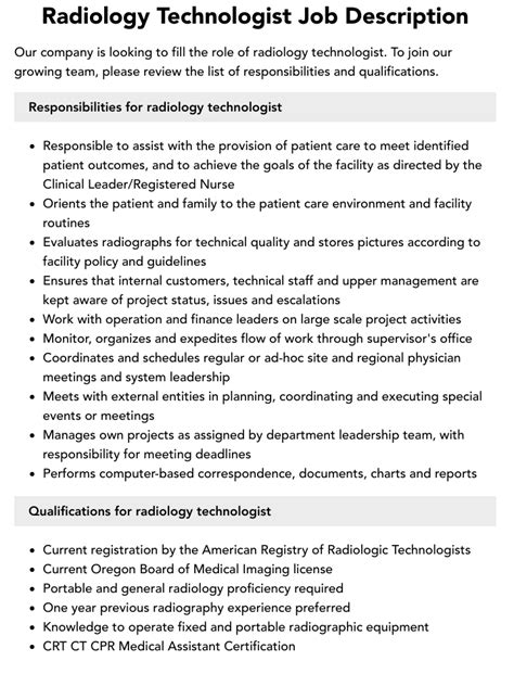 Radiology Technologist Job Description Velvet Jobs