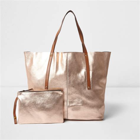 River Island Rose Gold Metallic Leather Tote Bag In Yellow Lyst