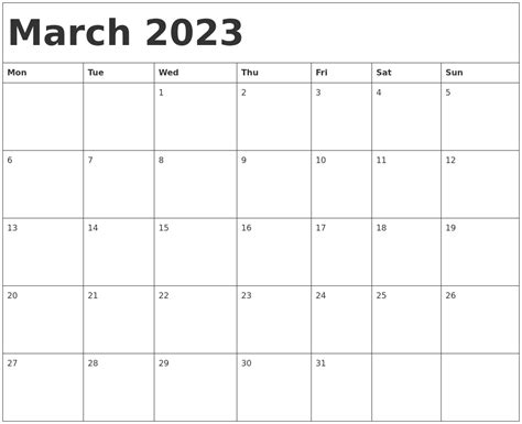 March 2023 Calendar Template