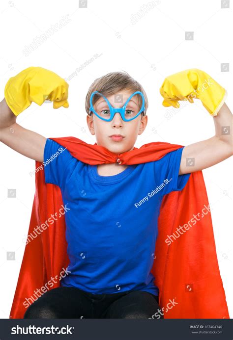 Beautiful Cheerful Child Dressed Superhero Flexing Stock Photo