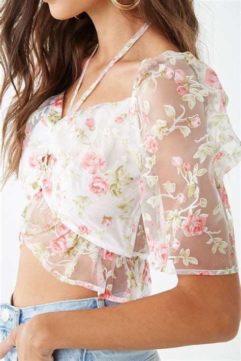 Sheer Floral Organza Crop Top Forever 21 Latest Crop Tops Crop Tops Netted Blouse Designs