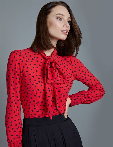 Womens Red And Navy Spot Print Fitted Blouse Single Cuff Pussy Bow