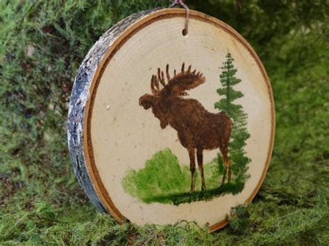 Moose ornament,birch slice ornament,Rustic ornament,Christmas ornament,Moose painting,Moose wall ...