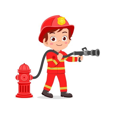 Premium Vector Happy Cute Little Kid Wearing Firefighter Uniform And