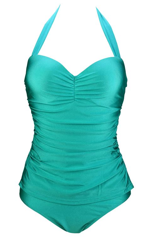 Cocoship 50s Solid Turquoise Elegant Bathing Vintage One Piece Ruched