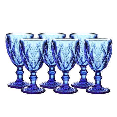 Colored Glass Drinkware 10 Ounce Water Glasses Cobalt Blue Diamond
