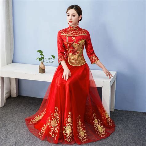 Fashion Red Traditional Chinese Clothing Long Sleeve Cheongsam For