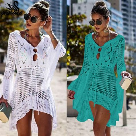 Crochet White Knitted Beach Cover Up Dress Tunic Long Pareos Bikinis Cover Ups Swim Cover