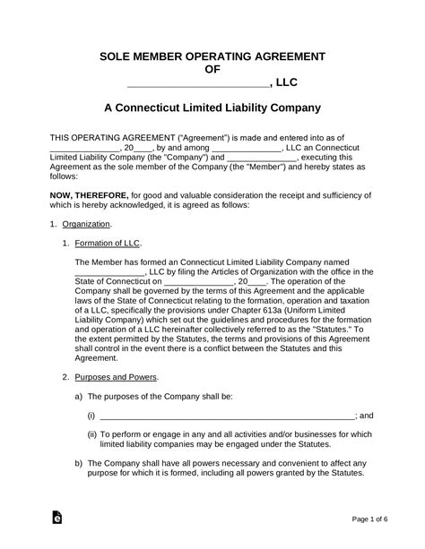 Free Connecticut Single Member Llc Operating Agreement Form Pdf