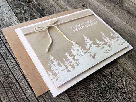 Set Of 5 Frosty Pine Trees Christmas Cards Handmade Minimalist Blank