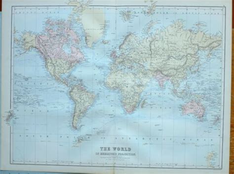 1882 Antique Map The World Mercators Projection Africa Europe India