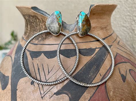 Turquoise Sterling Silver Hoop Earrings For Women Navajo Native