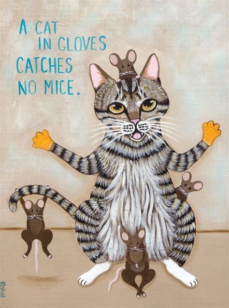 A Cat In Gloves Catches No Mice Original Folk Art Painting