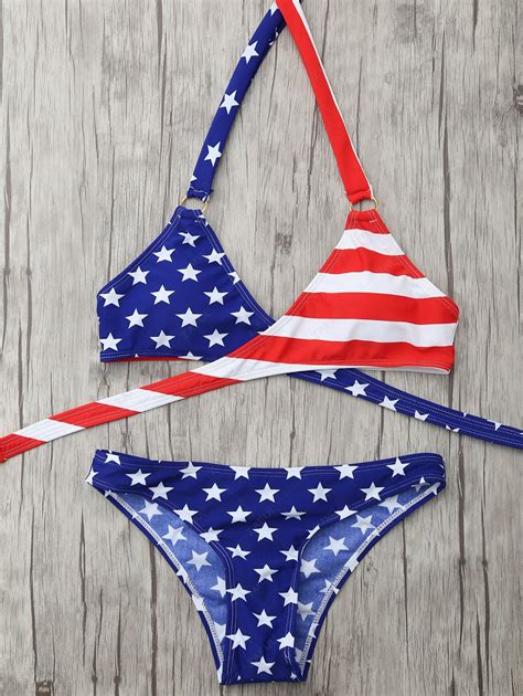 Off Halter American Flag Patriotic Wrap Bikini Set In Blue