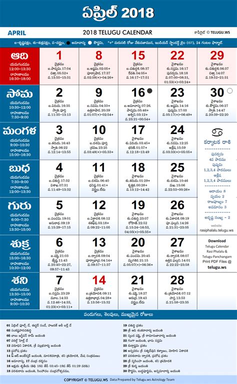 Telugu Calendar 2018 April Pdf Print With Festivals And Holidays List