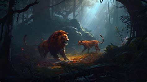 Premium Ai Image A Lion And A Cougar In A Gloomy Forest Fantasy