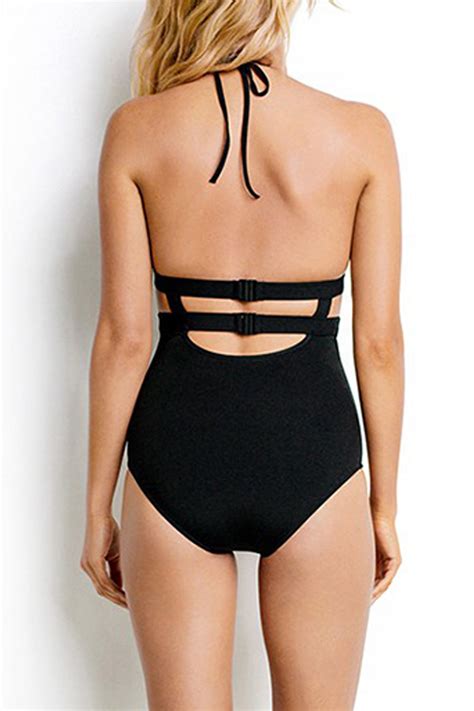 Iyasson Black Solid Halter Backless One Piece Swimsuit